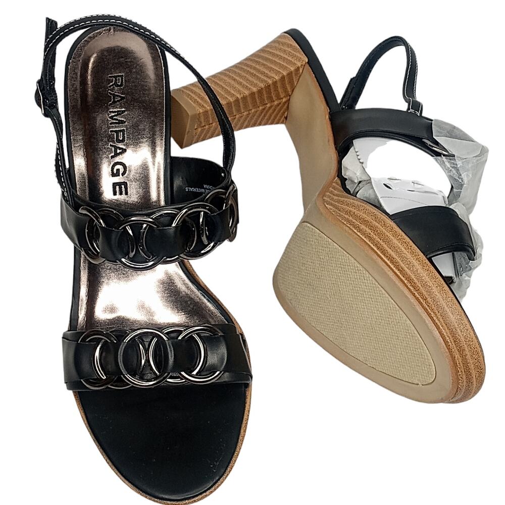 Y2K 2000s VINTAGE Chunky Wood‎ Heel Sandals Size 8 Black Silver NOS Deadstock